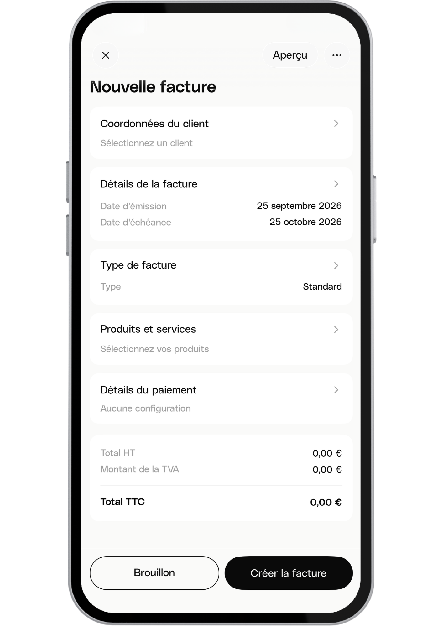 Création d'une facture depuis l'application mobile Newbi